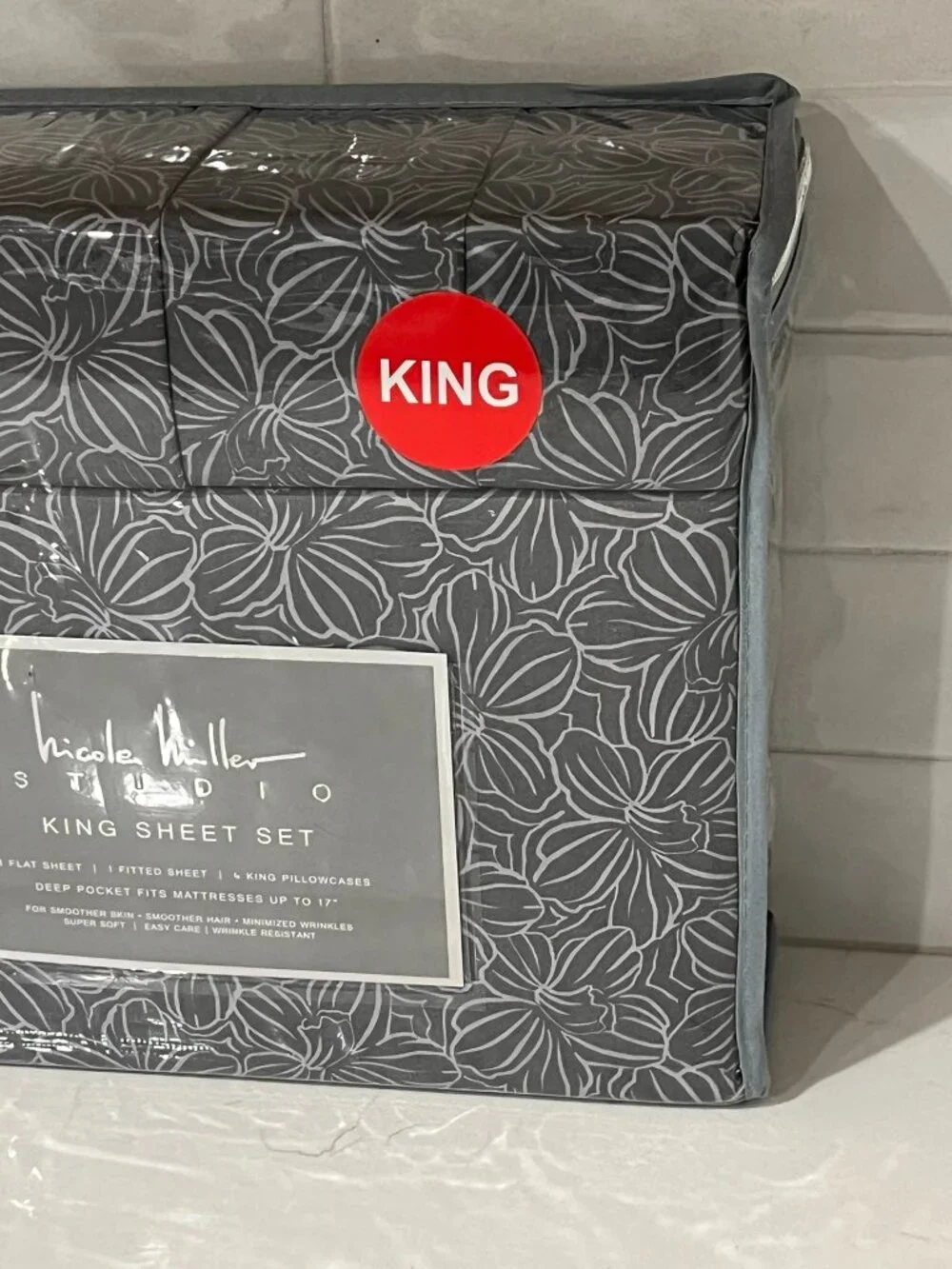 NICOLE MILLER Studio Gray KING Sheet Set 6pc New Linear Floral Tropical Flowers